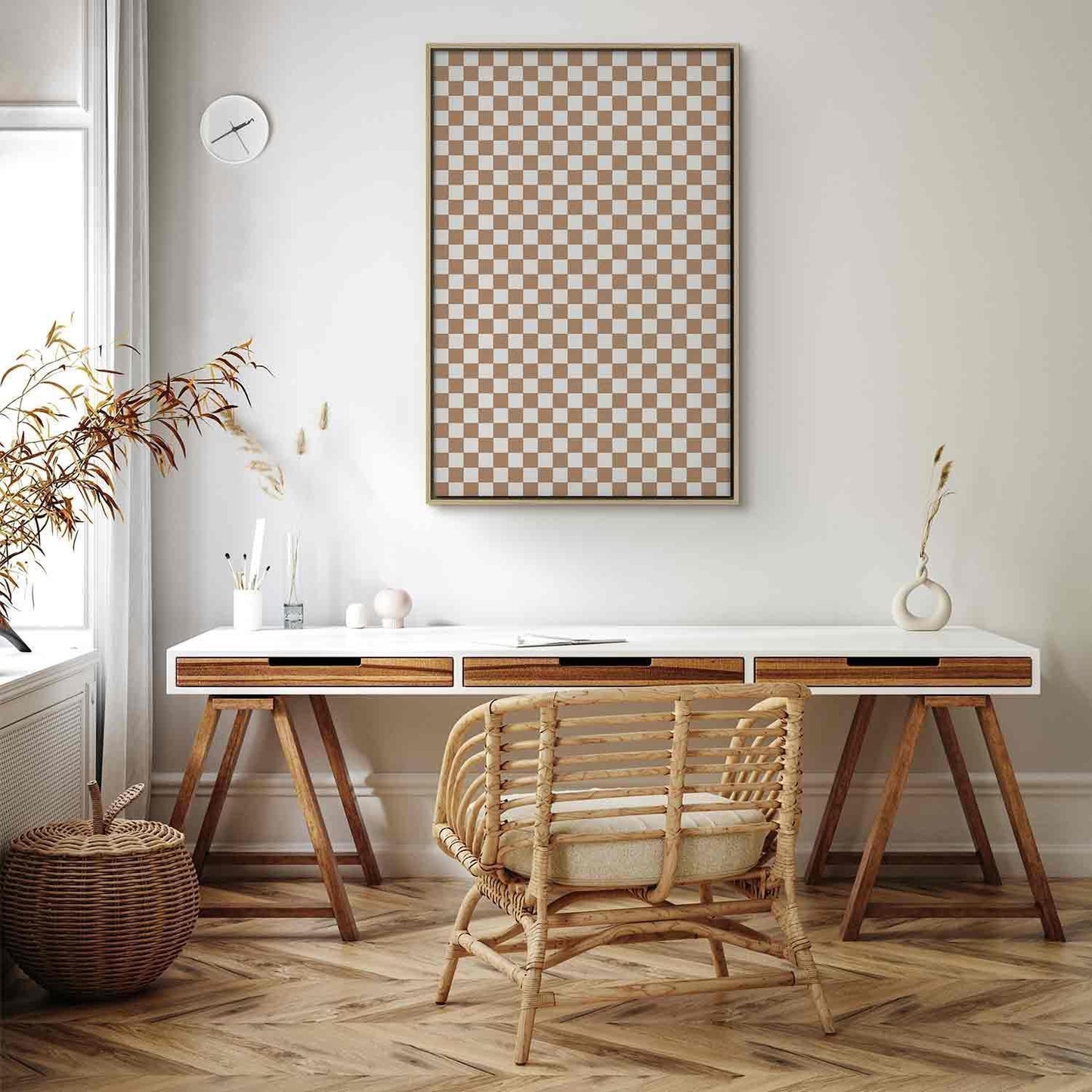 Leinwandbild - Checkerboard Pattern - Brown-White Grid with a Subtle Noise