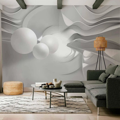 Fototapete mit 3D-Effekt kombiniert mit minimalistischer Einrichtung – stilvoll und modern

