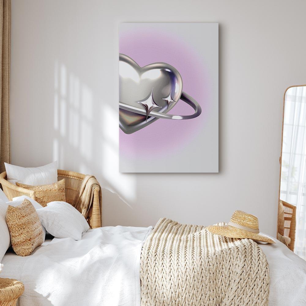 Leinwandbild - Cosmic Heart - Silver Heart with a Ring on a Purple Background