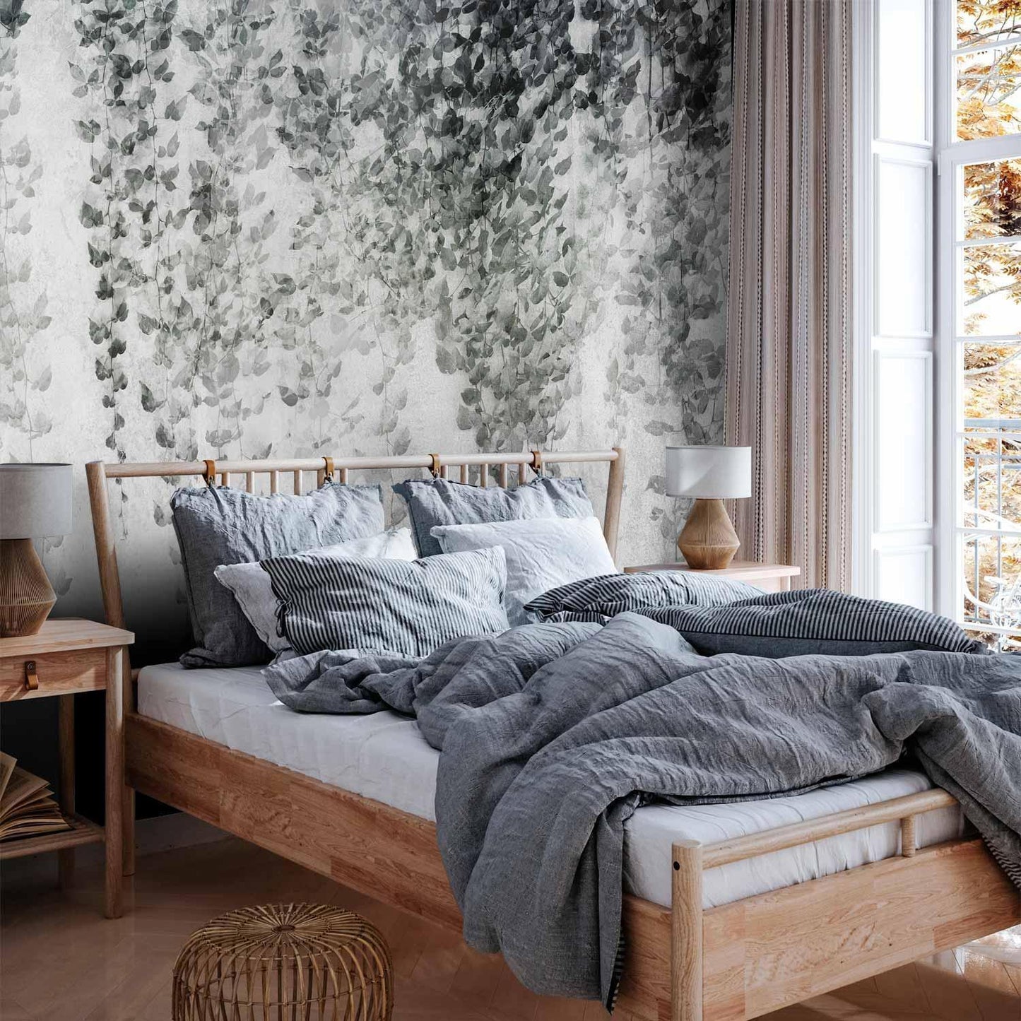 Fototapete - Peaceful oasis - landscape of hanging black leaf vines on a grey background