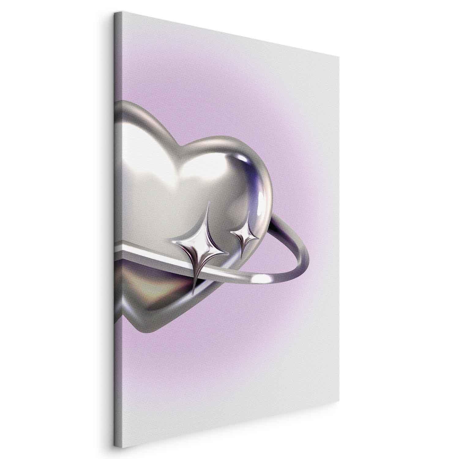 Leinwandbild - Cosmic Heart - Silver Heart with a Ring on a Purple Background Artgeist