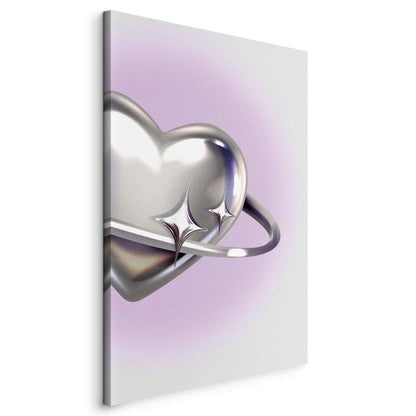 Leinwandbild - Cosmic Heart - Silver Heart with a Ring on a Purple Background Artgeist