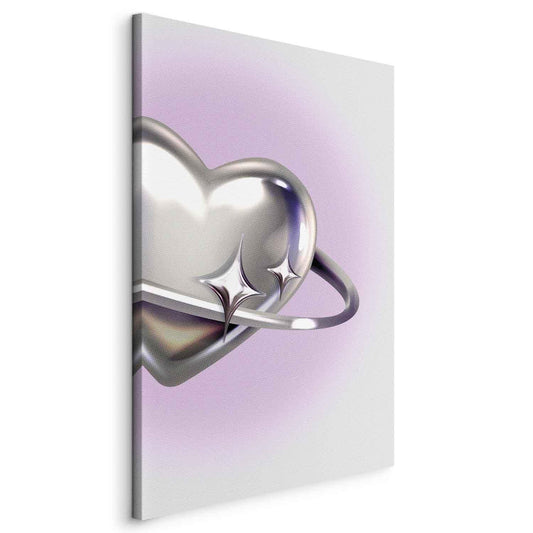 Leinwandbild - Cosmic Heart - Silver Heart with a Ring on a Purple Background Artgeist