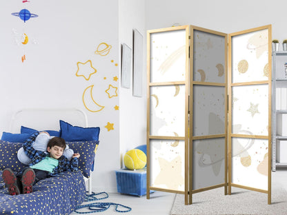 Japanischer Paravent - Fairy-Tale Galaxy - Moon Phases in Shades of Yellow Among Stars in Beige and Ash Colors with Stardust Artgeist
