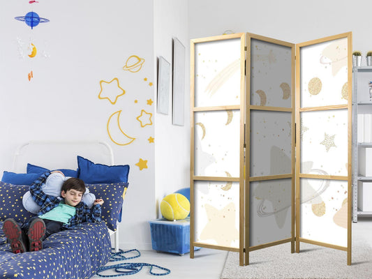 Japanischer Paravent - Fairy-Tale Galaxy - Moon Phases in Shades of Yellow Among Stars in Beige and Ash Colors with Stardust Artgeist
