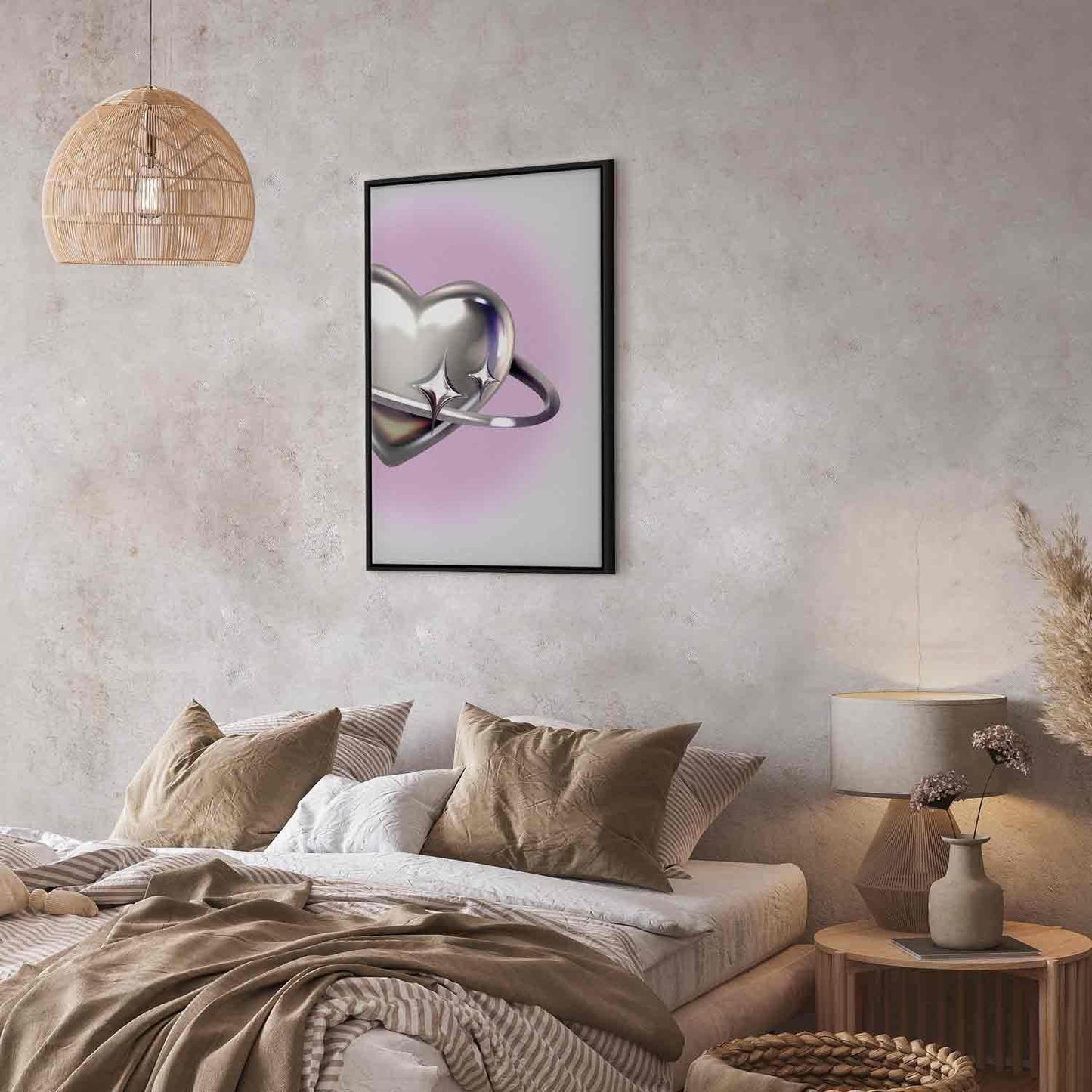Leinwandbild - Cosmic Heart - Silver Heart with a Ring on a Purple Background Artgeist
