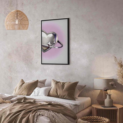 Leinwandbild - Cosmic Heart - Silver Heart with a Ring on a Purple Background Artgeist