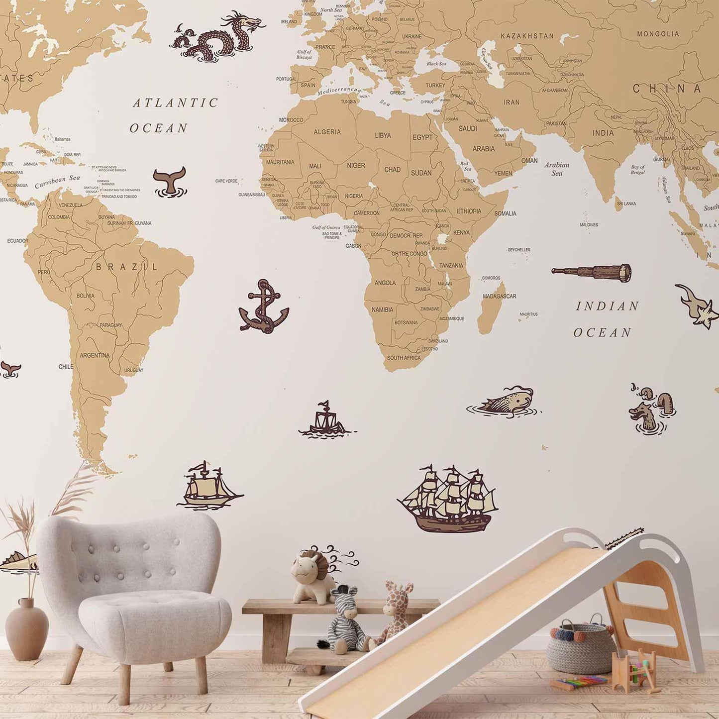 Fototapete - Sea Wolf Map - Countries With Pirate Illustrations Artgeist