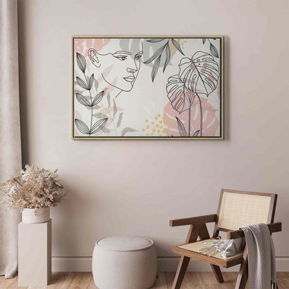 Leinwandbild Frau mit Monstera Blättern – Moderne Line Art