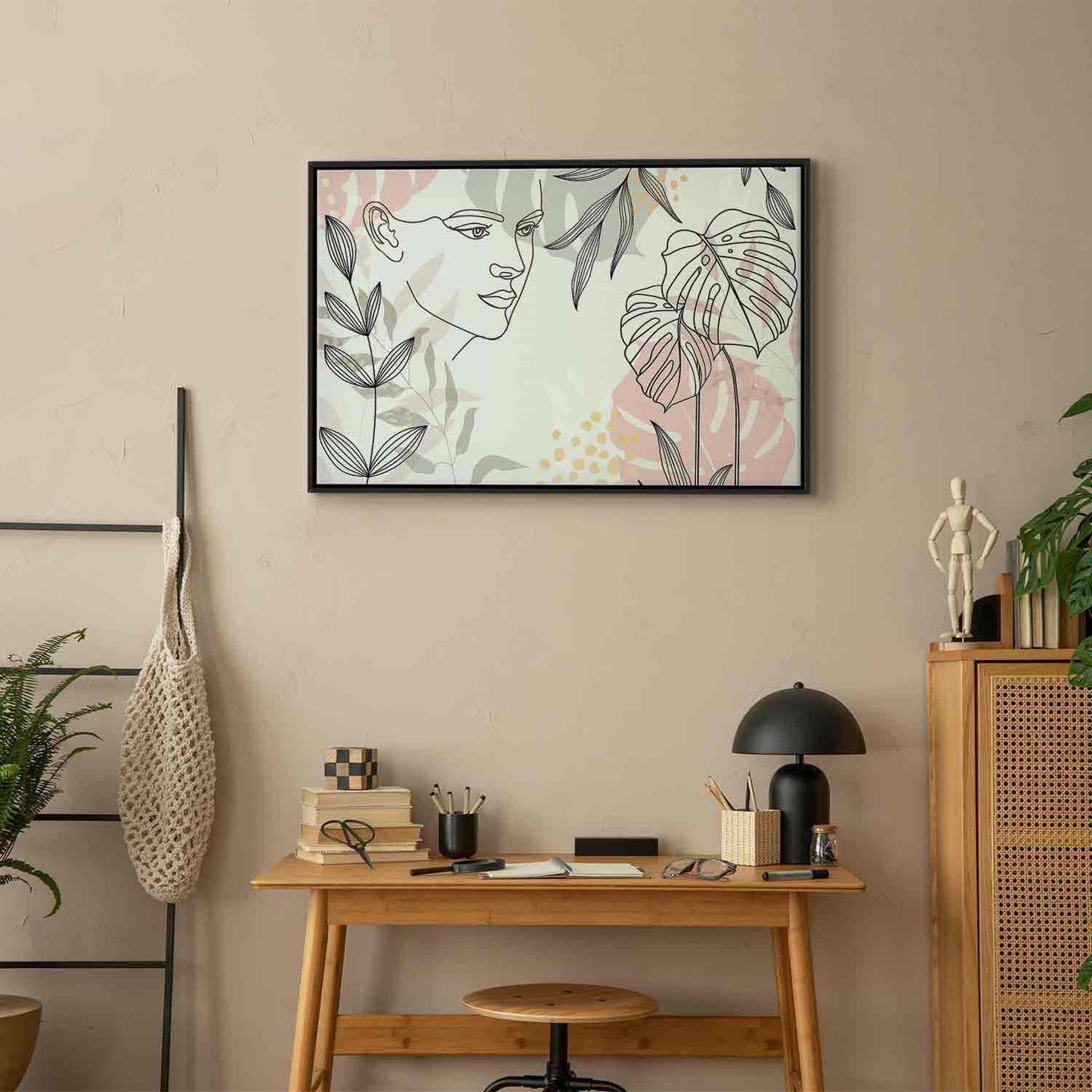 Leinwandbild Frau mit Monstera Blättern – Moderne Line Art