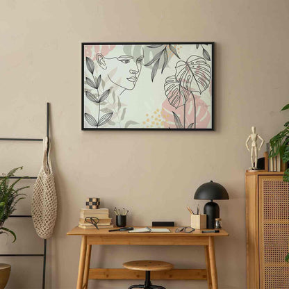 Leinwandbild Frau mit Monstera Blättern – Moderne Line Art