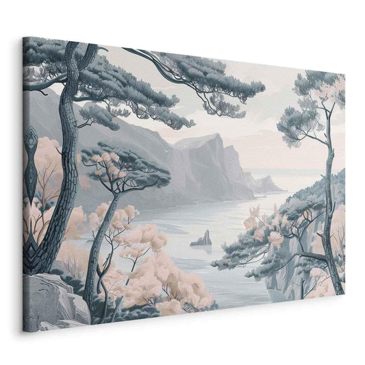 Leinwandbild - Mountainous Coast with Trees and Rocks in Light Pastel Blues Artgeist