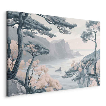Leinwandbild - Mountainous Coast with Trees and Rocks in Light Pastel Blues Artgeist