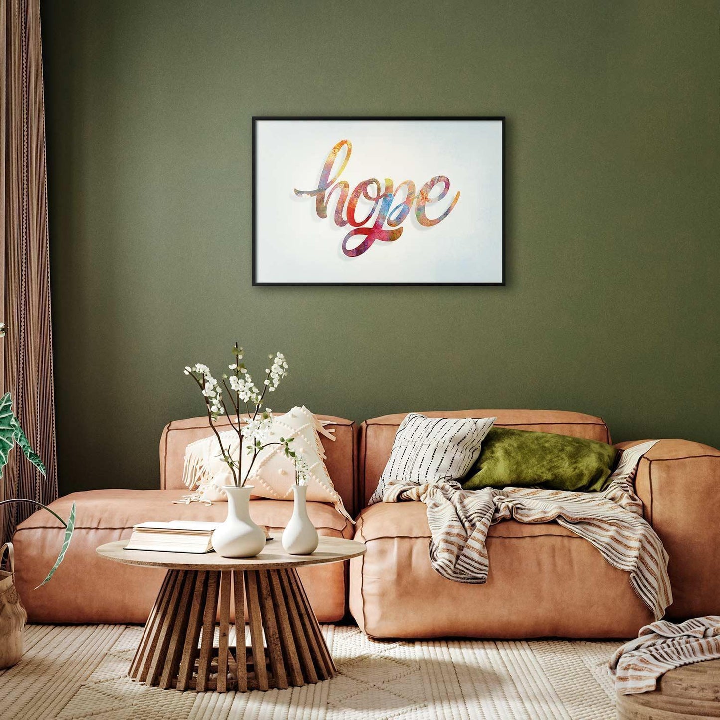 Decorative "Hope" poster in stylish living room setting.