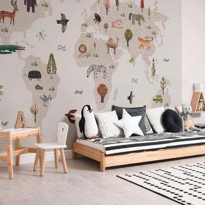Fototapete - Beige World - Continents With Animals in Muted Colours