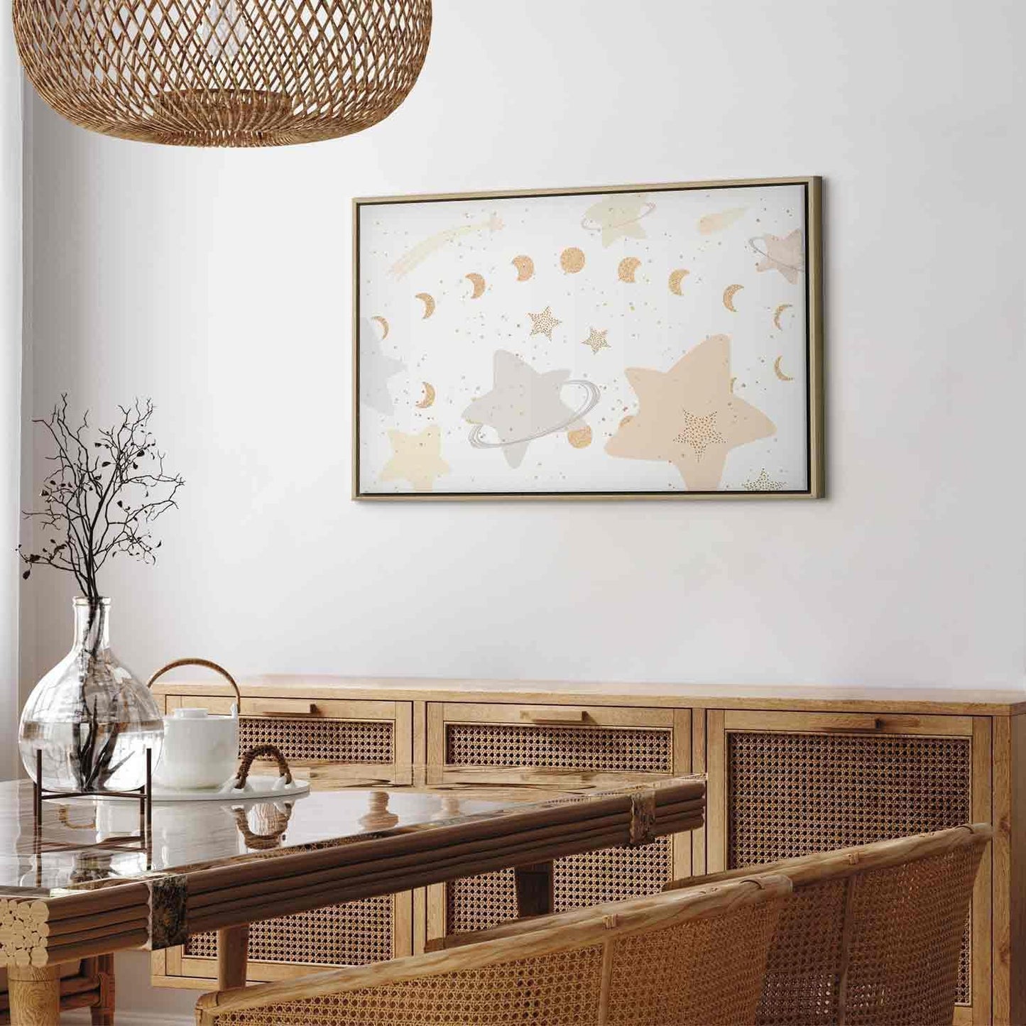 Leinwandbild - Fairy-Tale Galaxy - Phases of the Moon in Yellow Tones Among Stars in Beige and Ash Colors with Stardust