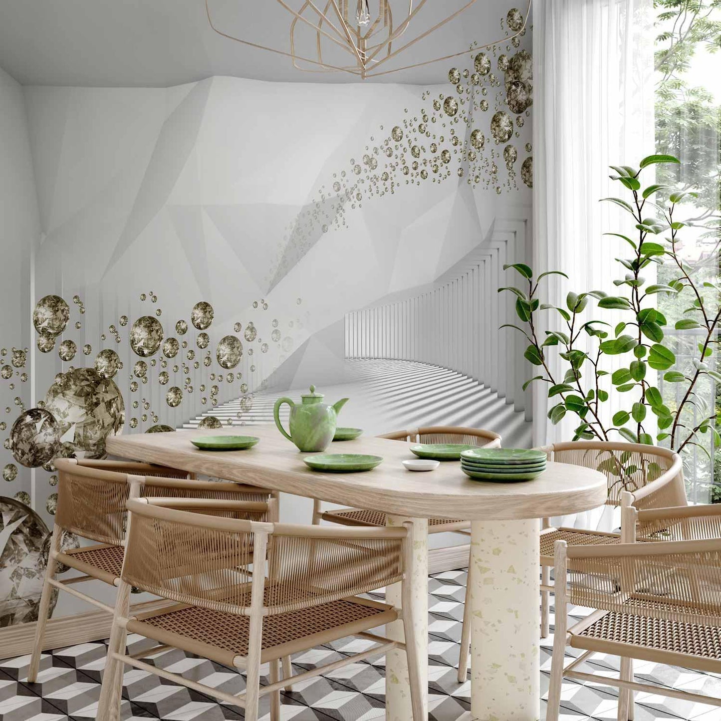 Fototapete Diamant-Kugeln Gold – Schwebende Tropfen mit 3D-Effekt