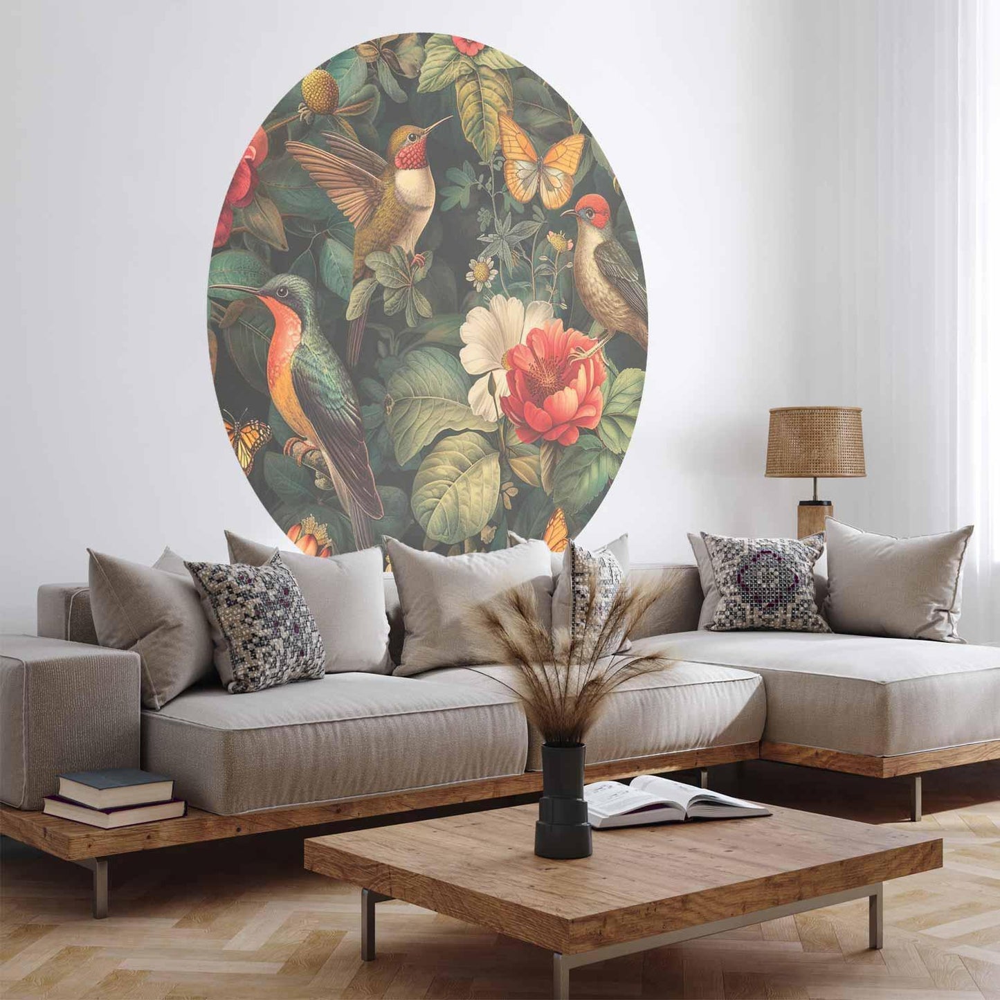 Runde Fototapete - Flowers, birds and butterflies – vintage-style illustration