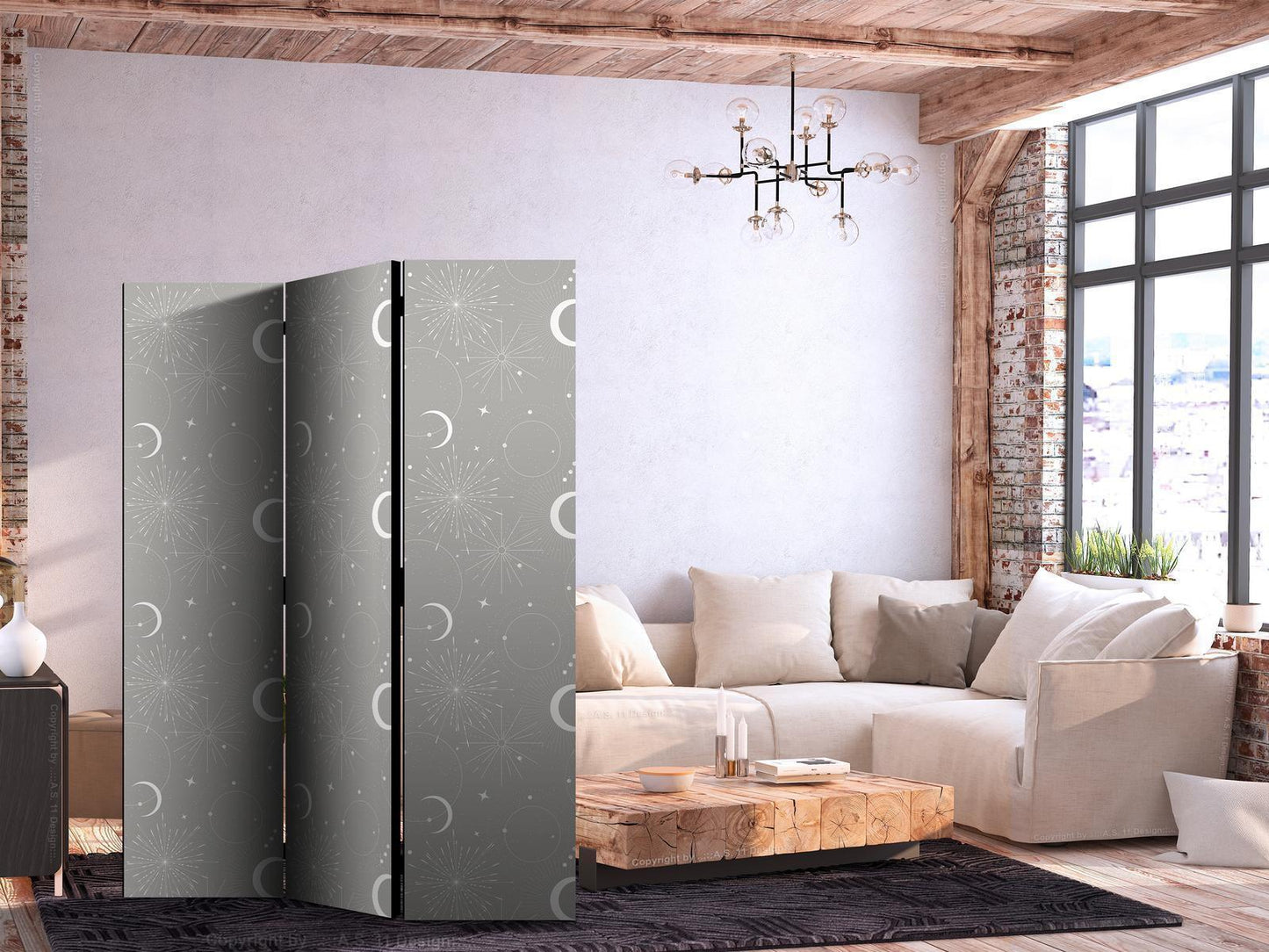 Paravent - Cosmic Fireworks - Elegant Pattern with Moons and Stars on a Gray Background Artgeist