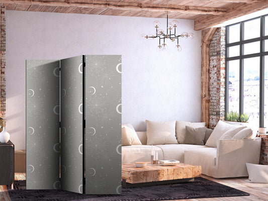 Paravent - Cosmic Fireworks - Elegant Pattern with Moons and Stars on a Gray Background Artgeist
