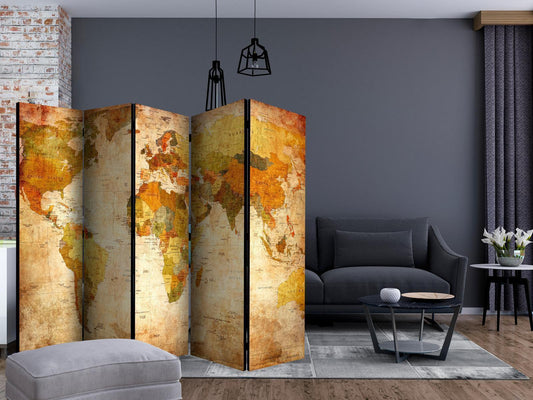 Room divider "Paravent - In all its glory II" with world map design in modern living room.