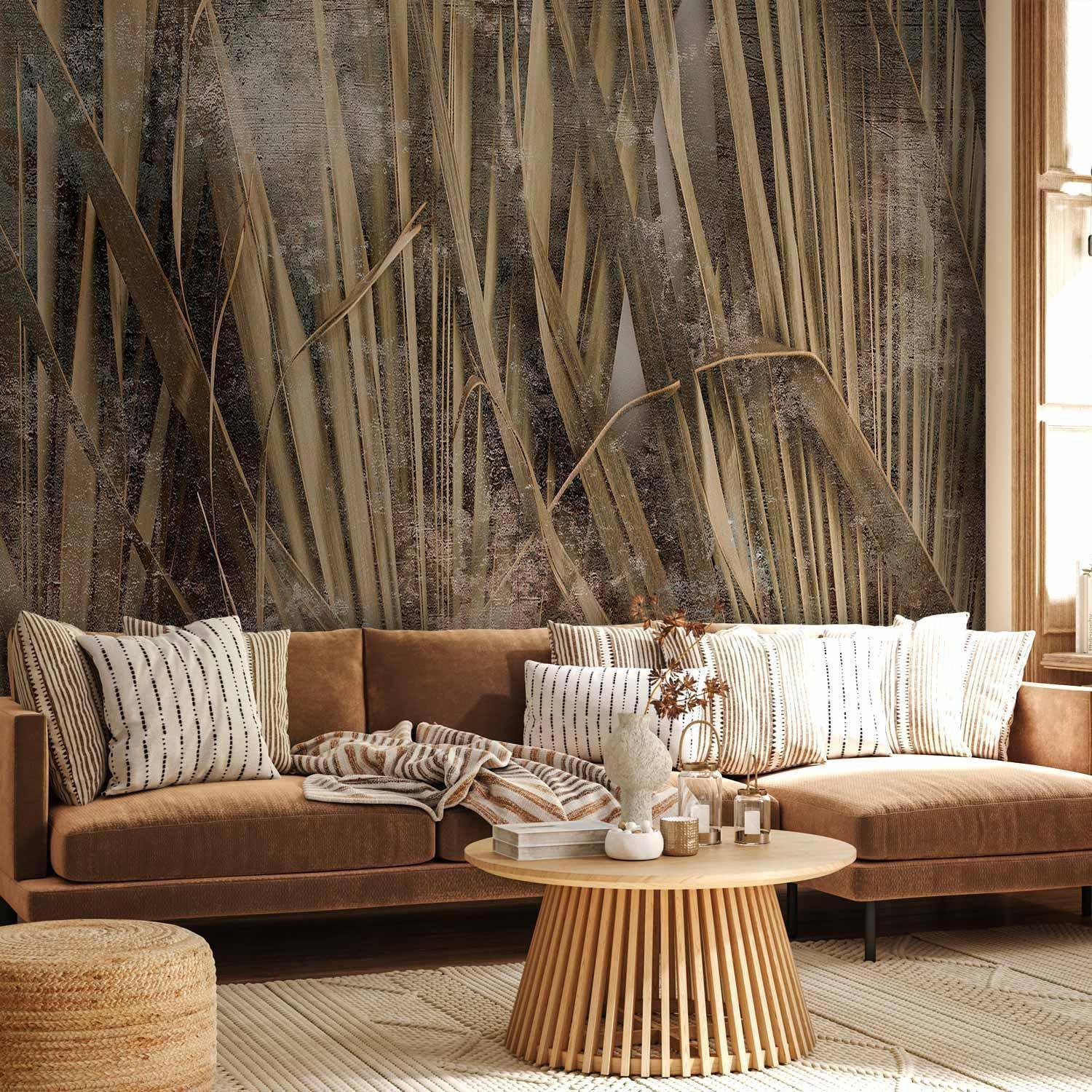 Fototapete - Dry leaves - landscape of tall grasses in boho style with paint patterns Artgeist