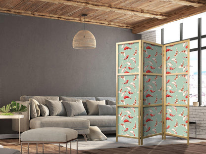 Japanischer Paravent - Fish and Japanese Pattern - Koi Fish in Orange-Cream Colors on a Green-Mint Background with an Oriental Pattern Artgeist