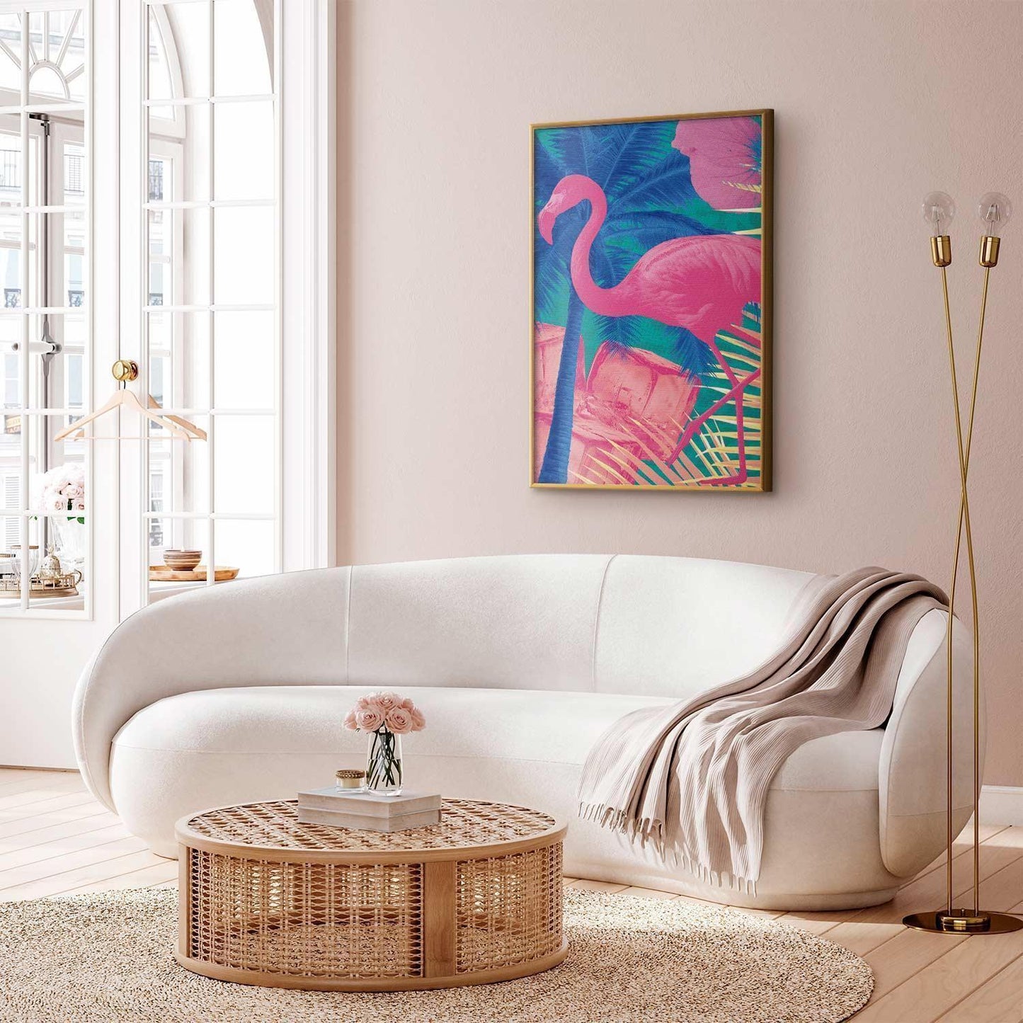 Poster - Pink Flamingo - abstract flamingo against a background of palm trees and ice cubes Artgeist