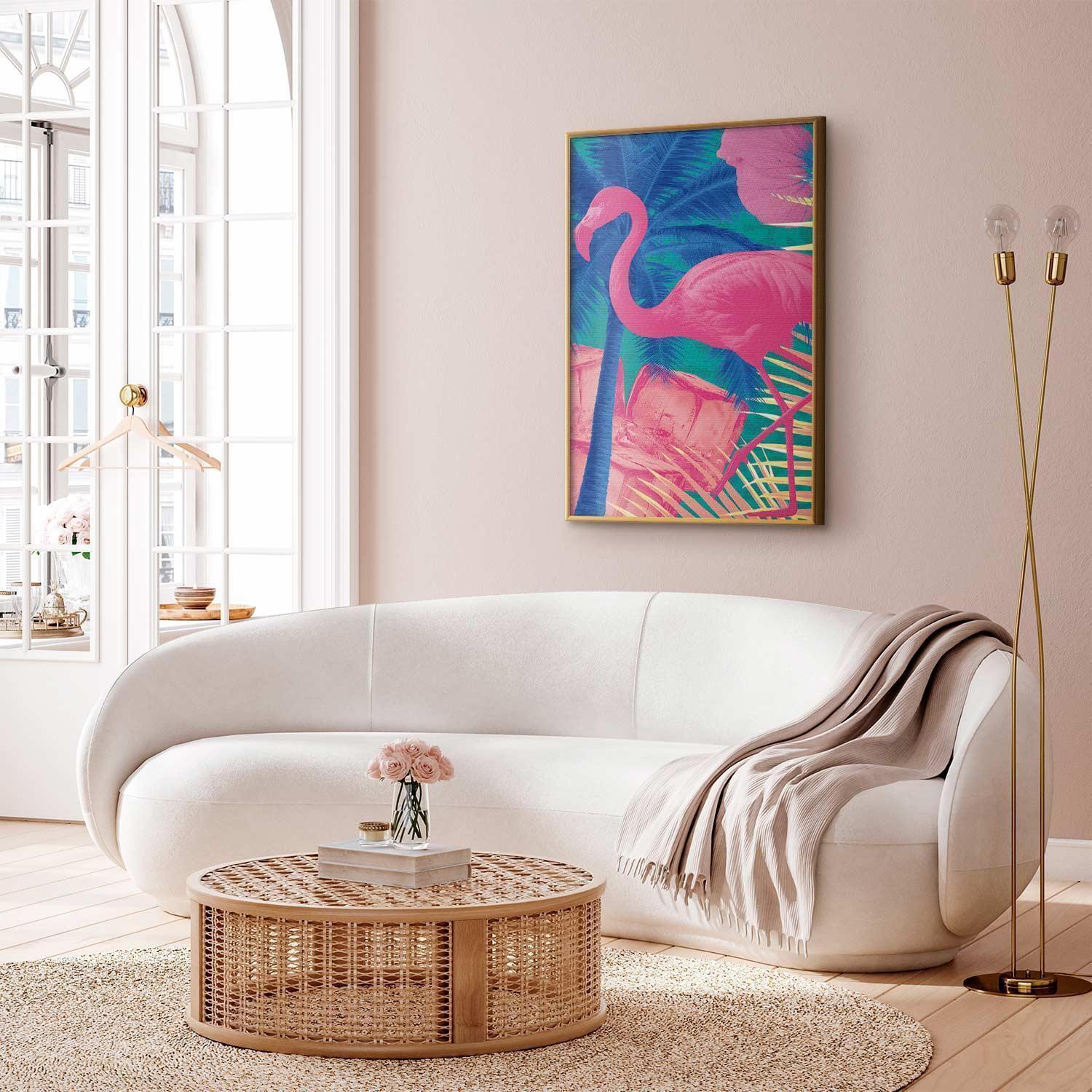 Poster - Pink Flamingo - abstract flamingo against a background of palm trees and ice cubes Artgeist