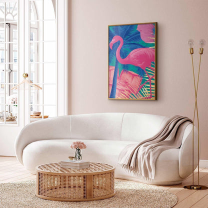 Poster - Pink Flamingo - abstract flamingo against a background of palm trees and ice cubes Artgeist