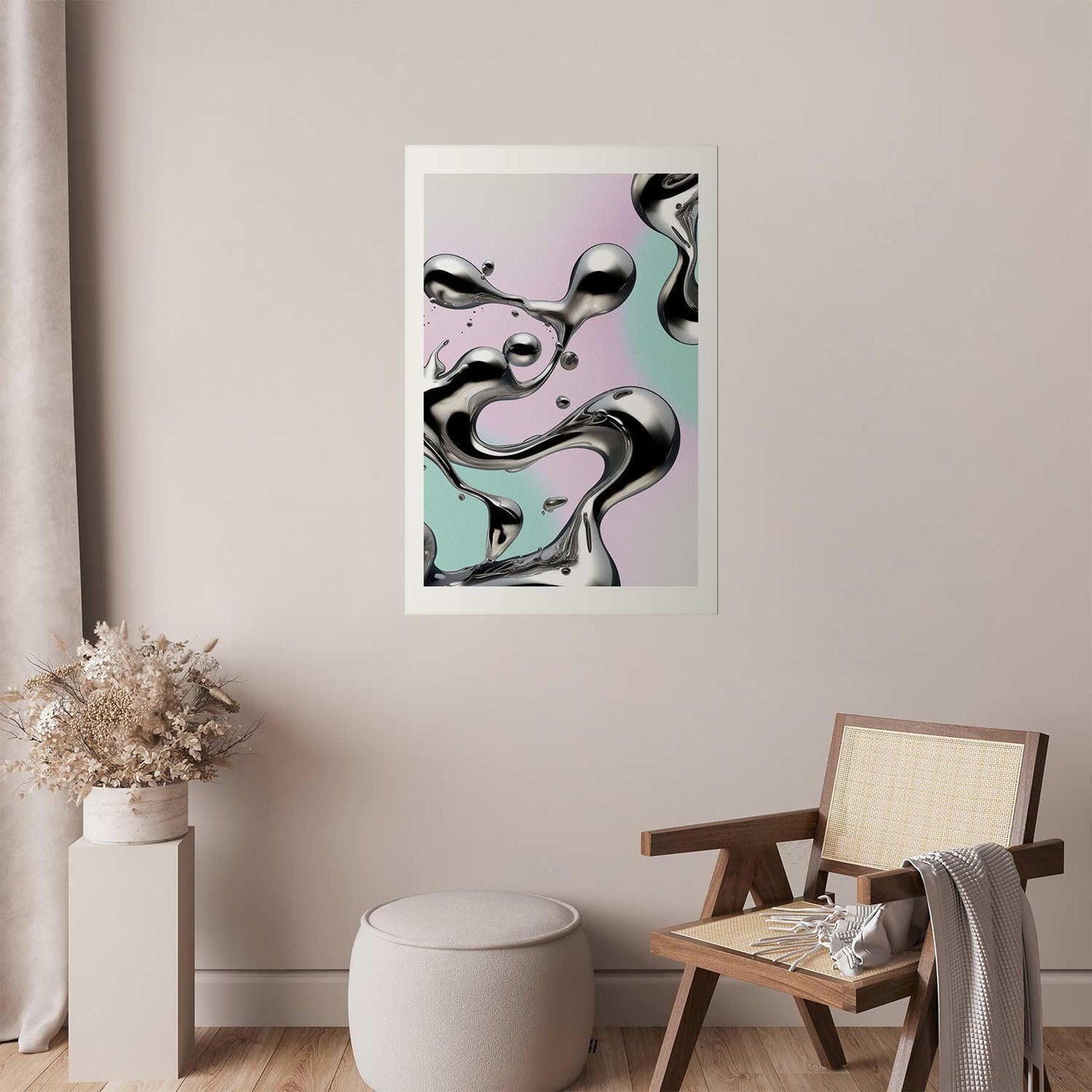 Poster - Metallic Fluidity - abstract silver forms on a mint-purple background