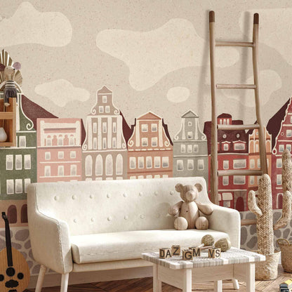 Fototapete - Salt Square - Colorful Illustrated Townhouses Against a Cloudy Sky Background