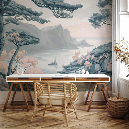 Fototapete - Mountainous Coast with Trees and Rocks in Light Pastel Blues