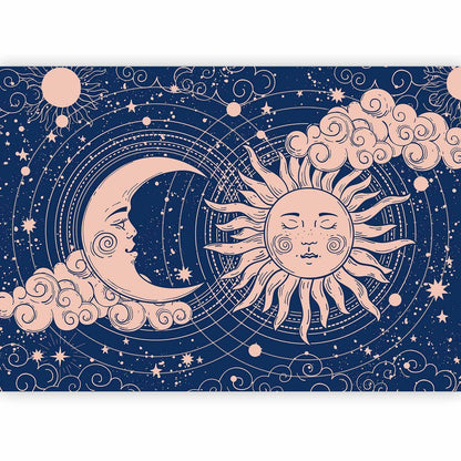 Fototapete - Cosmic Harmony - Illustration of the Sun and Moon on a Navy Background