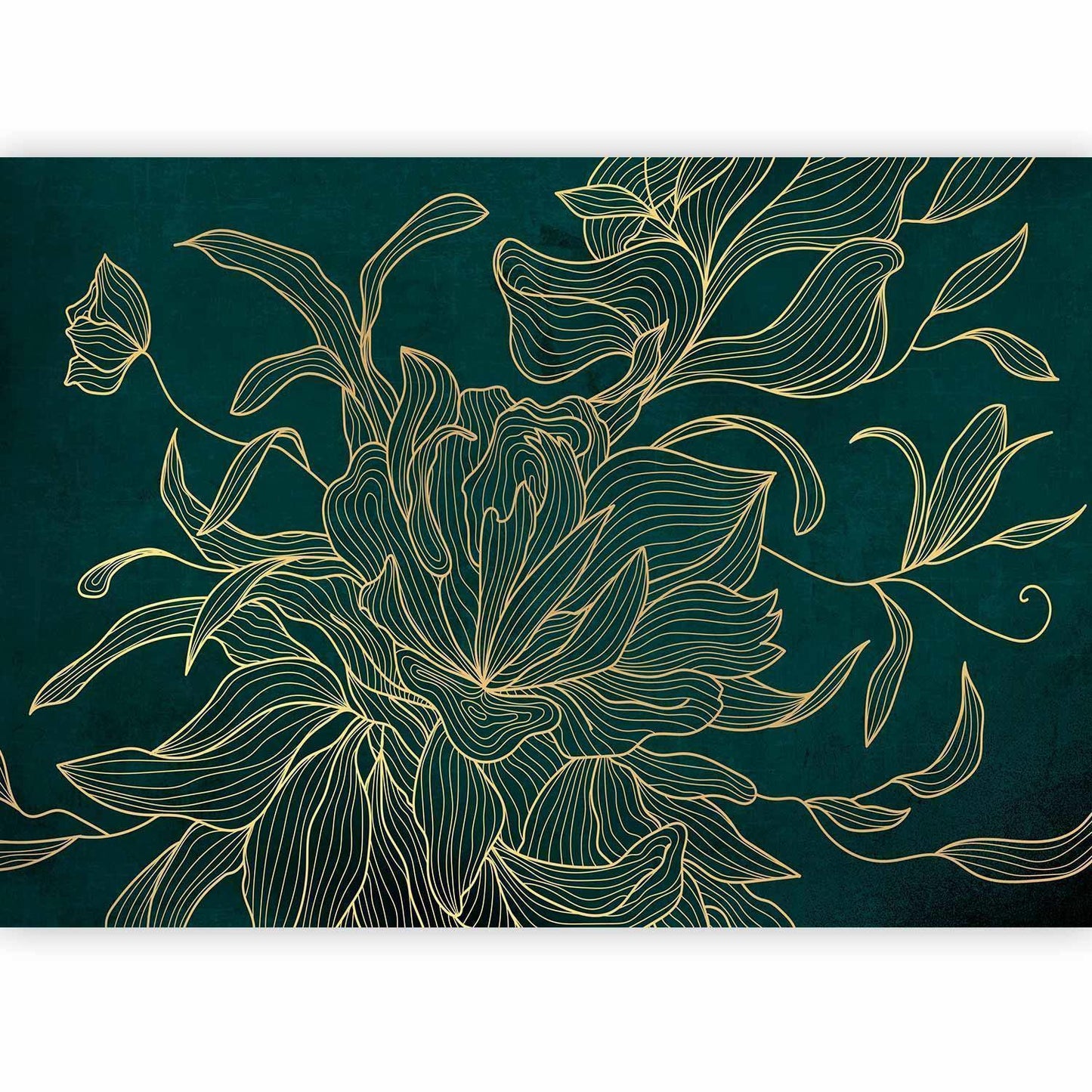 Fototapete - Green boudoir - linear drawing of a flower in golden colours on a dark background