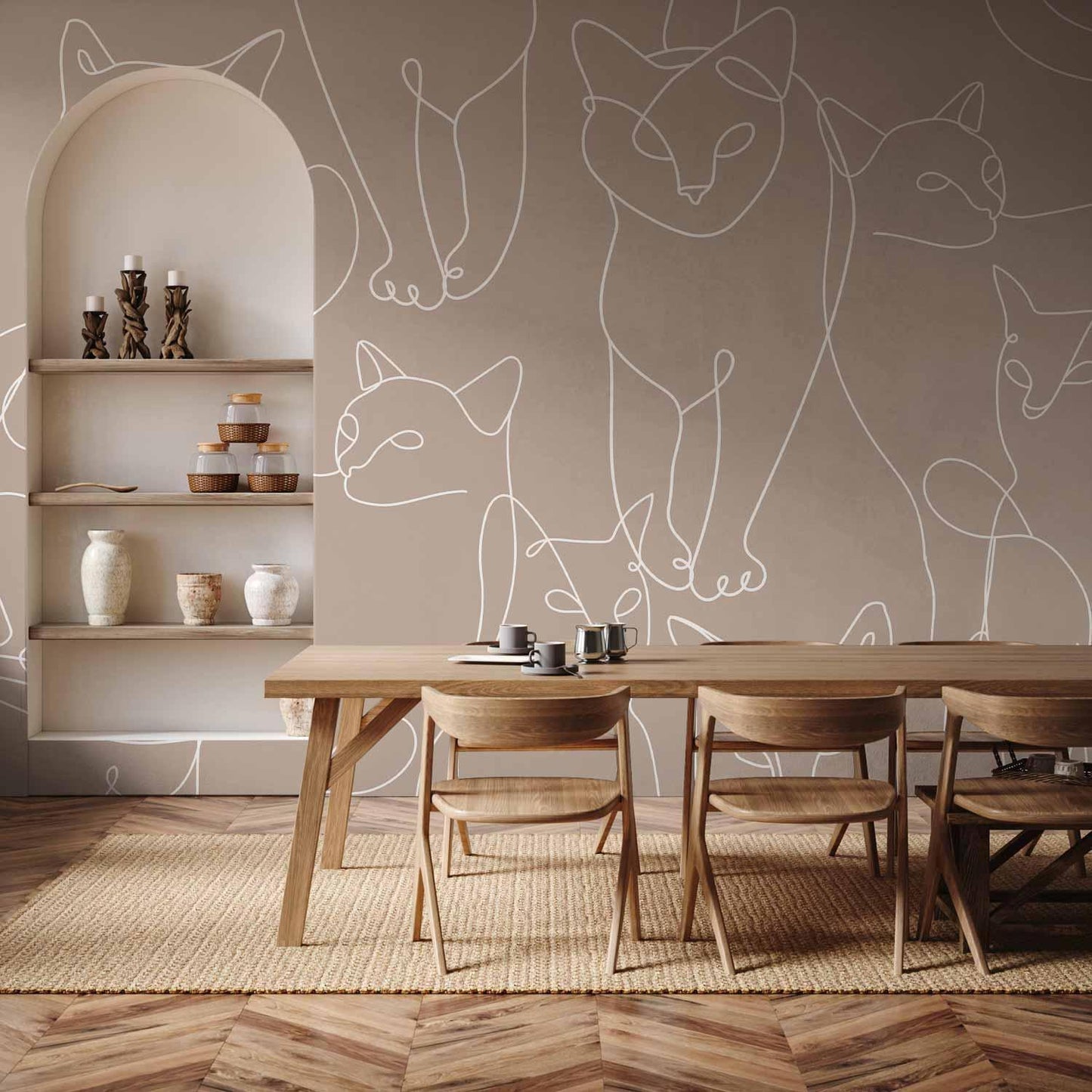 Fototapete - Cat lineart - minimalist sketches of white cats on beige background Artgeist