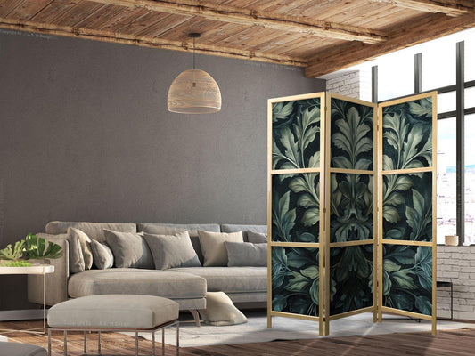 Japanischer Paravent - Dark Green Victorian Leaves - Botanical Carved Composition