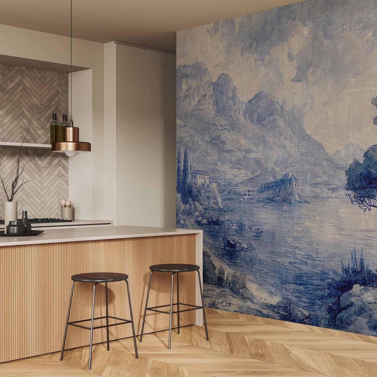 Fototapete - Blue Bay - Italian landscape of Lake Como painted with blue ink