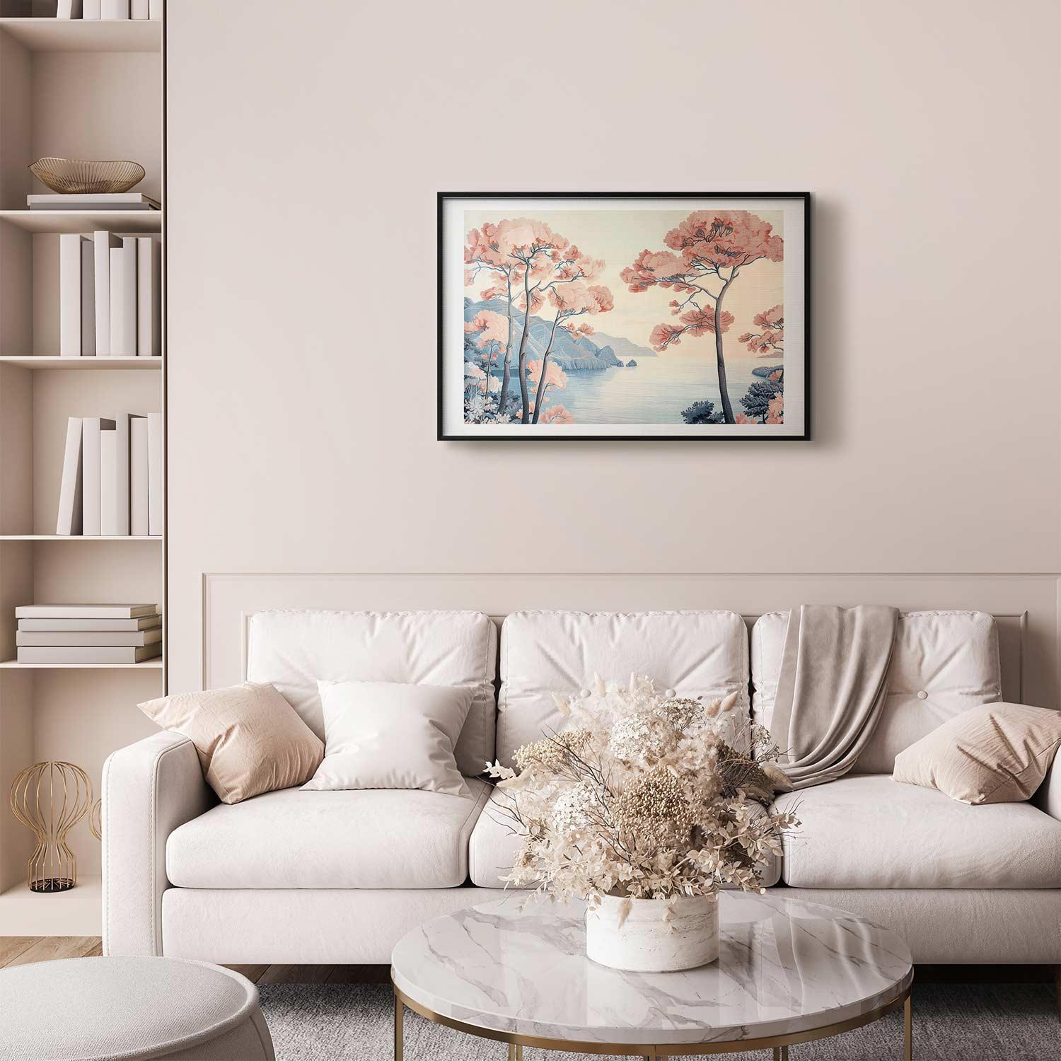 Poster - Ocean Cliffs and Trees Delicate Motif in Pastel Colors Artgeist