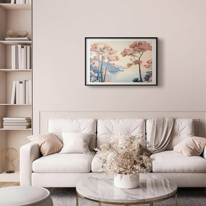 Poster - Ocean Cliffs and Trees Delicate Motif in Pastel Colors Artgeist