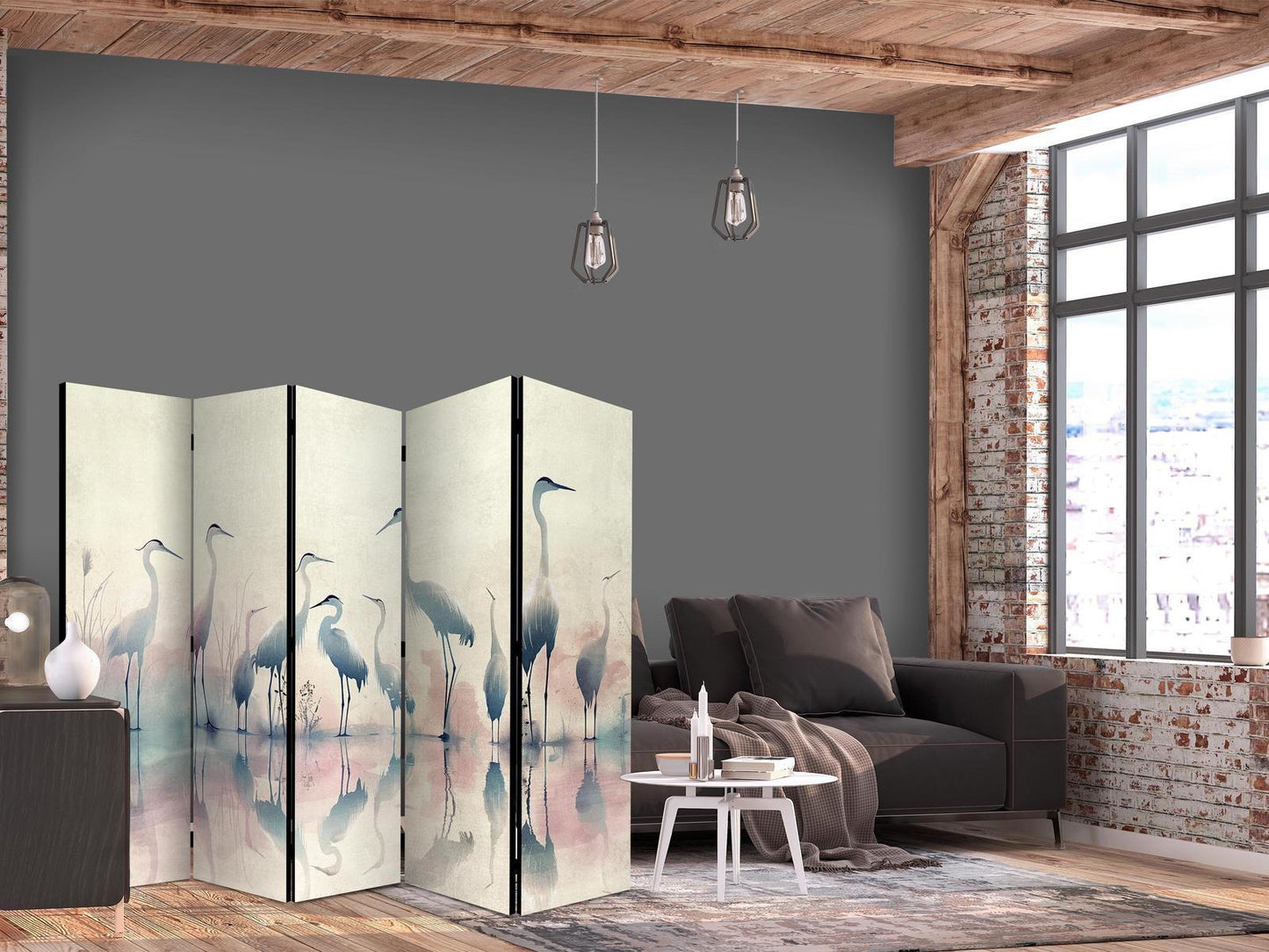 Paravent - Birds by the lake - herons painted in watercolours in delicate grey and pink colours