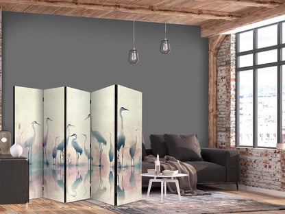 Paravent - Birds by the lake - herons painted in watercolours in delicate grey and pink colours