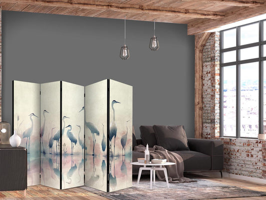 Paravent - Birds by the lake - herons painted in watercolours in delicate grey and pink colours