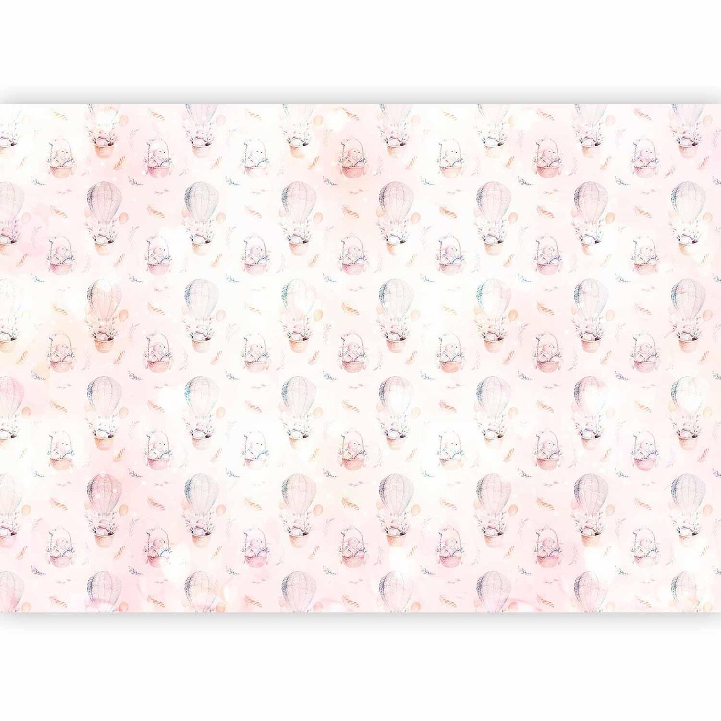 Fototapete - Solid pattern with feathers - hares in a basket and in a balloon for children