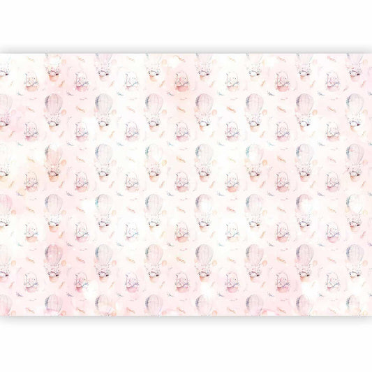 Fototapete - Solid pattern with feathers - hares in a basket and in a balloon for children