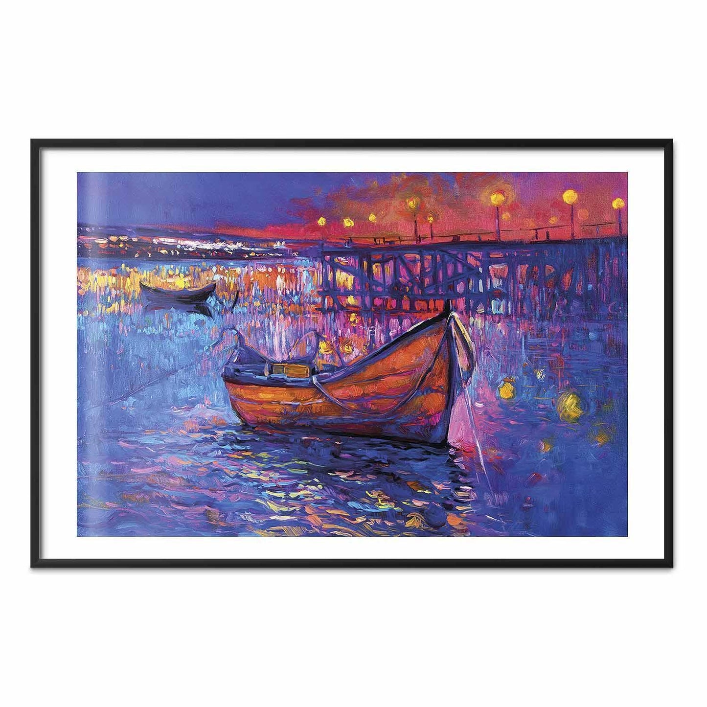 Poster - Modern impressionism - night landscape of a lake with a floating boat