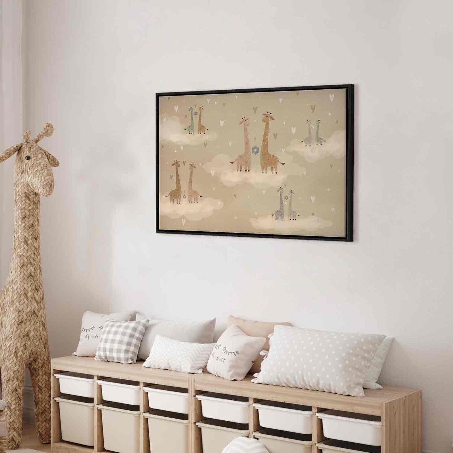Leinwandbild - Love - Colorful Giraffes Floating on Clouds Among Hearts and Stars