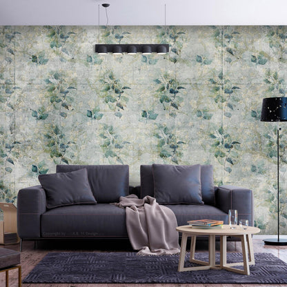 Minttöne Fototapete - Anwendungsbeispiel im Wohnzimmer mit Retro-Stil - SAWELT