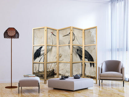 Japanischer Paravent - Birds from an old engraving - vintage-style illustration depicting a heron and a crane