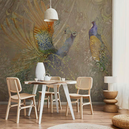 Fototapete - Peacocks in dance - bird motif among an abstract pattern with ornaments